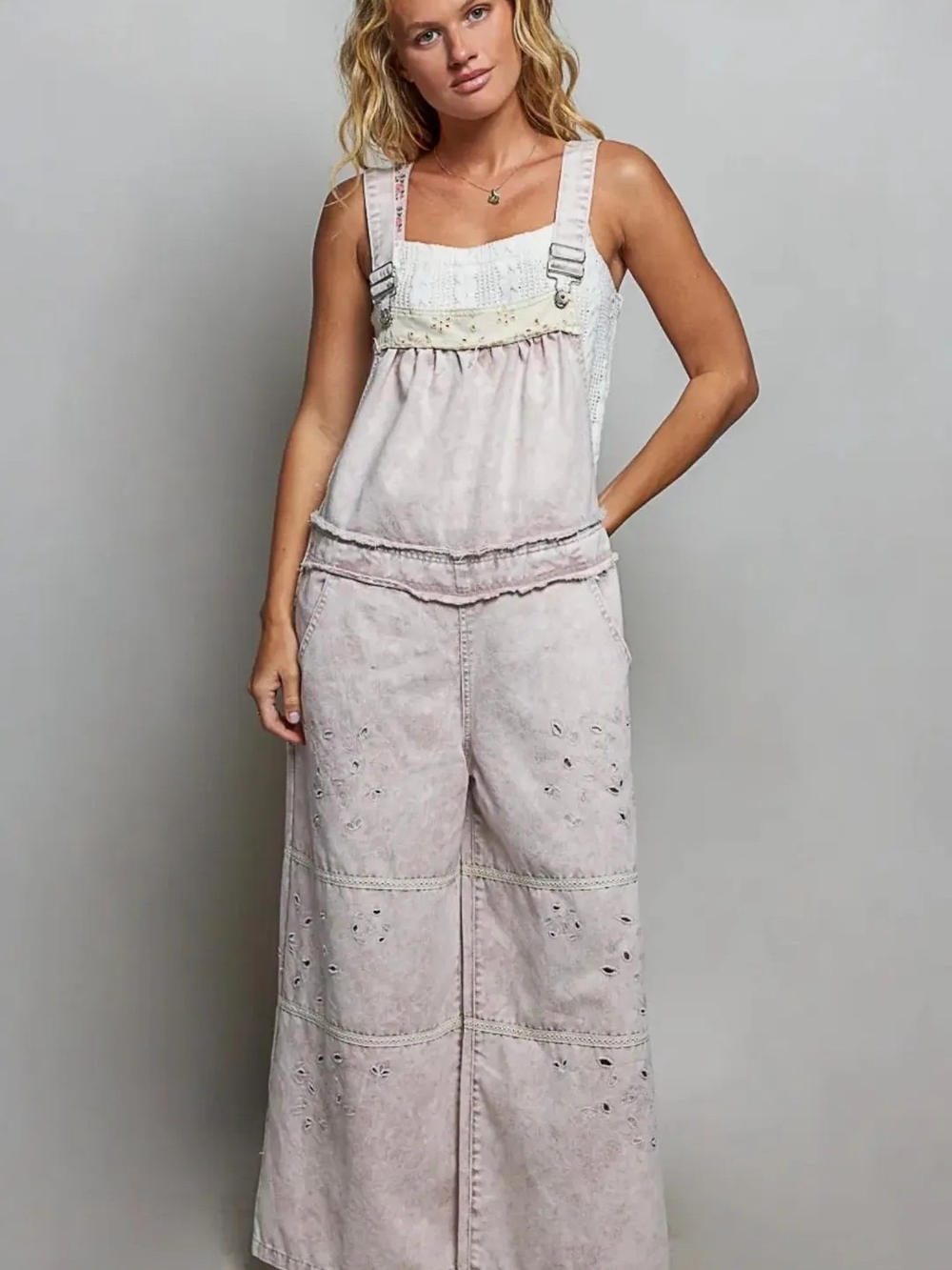 POL Pink Washed Denim Eyelet Wide-Leg Jumpsuit